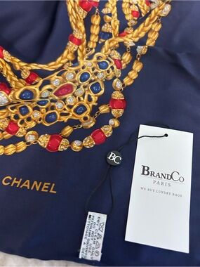 CHANEL Navy Silk Jewel Scarf with Gold Chain and Red & Blue Accents